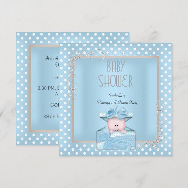 Cute Boy Baby Shower Blue White Polka Dots Invitation (Front/Back)