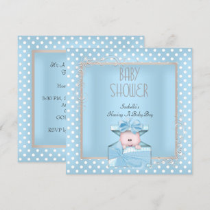 Cute Boy Baby Shower Blue White Polka Dots Invitation