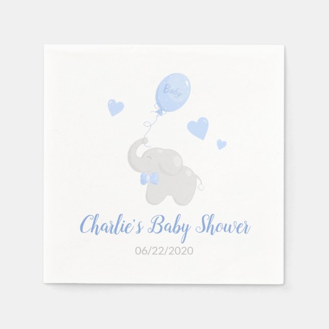 Cute Boy Baby Shower Elephant Balloon Paper Napkin (Front)