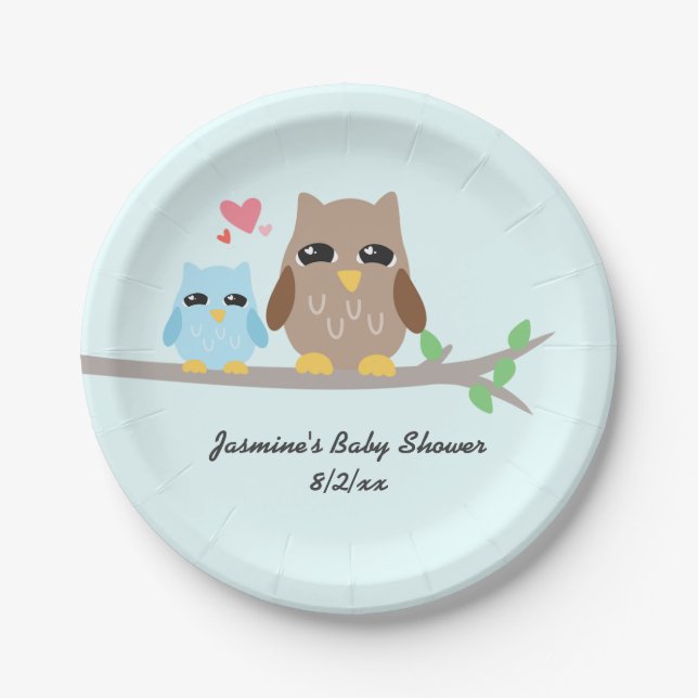 Cute Boy Baby Shower Owl Paper Plate (Front)
