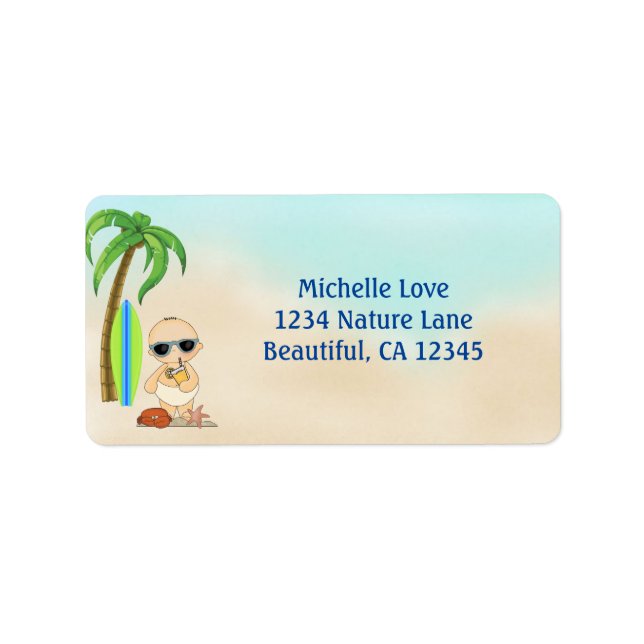 Cute Boy Beach Baby and Surfboard Tropical Address Label (Front)