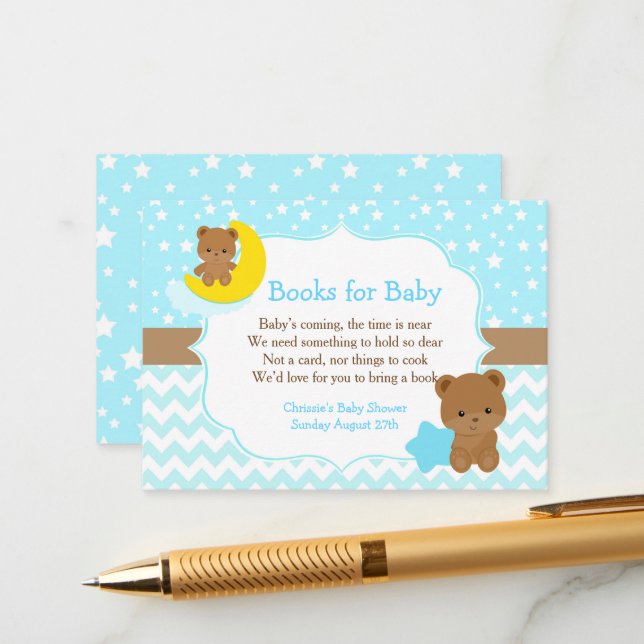 Cute Boy Bears Book Request for Baby Shower Enclosure Card (Front/Back In Situ)