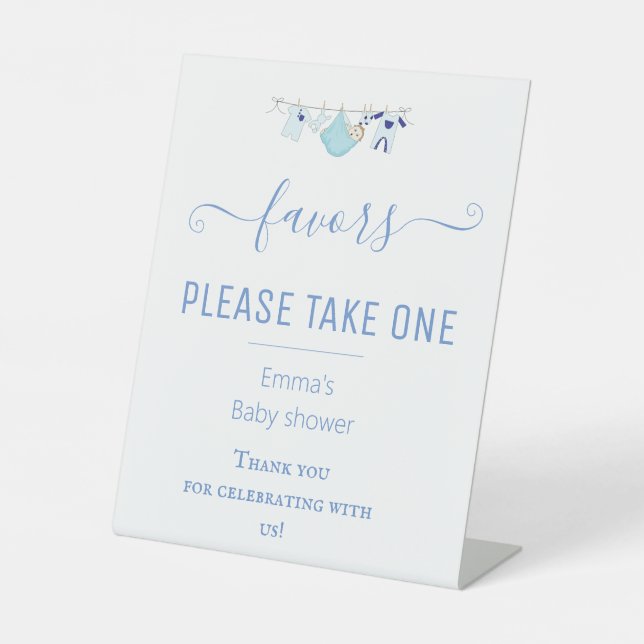 Cute Boy Blue Favours Baby Shower Table Sign  (Front)