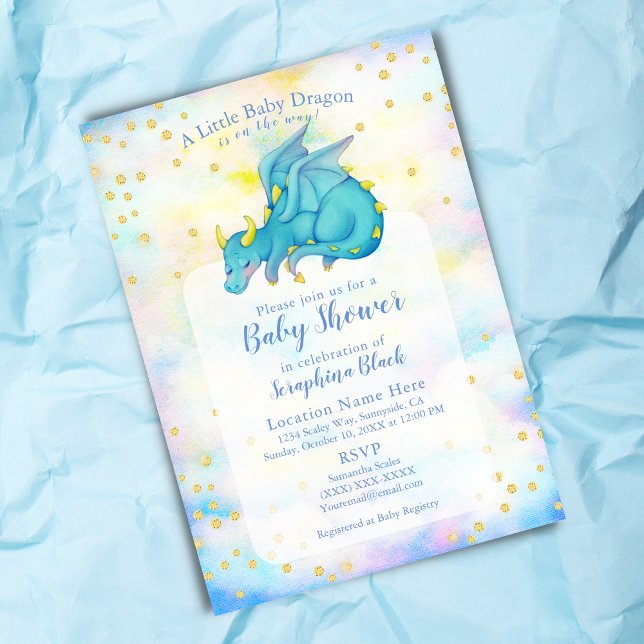 Cute Boy Blue Gold Dragon Baby Shower Invitation (Creator Uploaded)