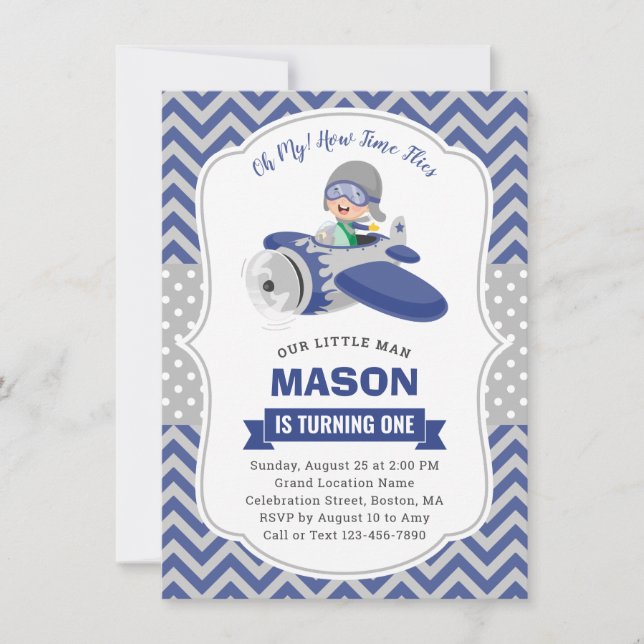 Cute Boy Blue Grey Aeroplane 1st Birthday Party Invitation (Front)