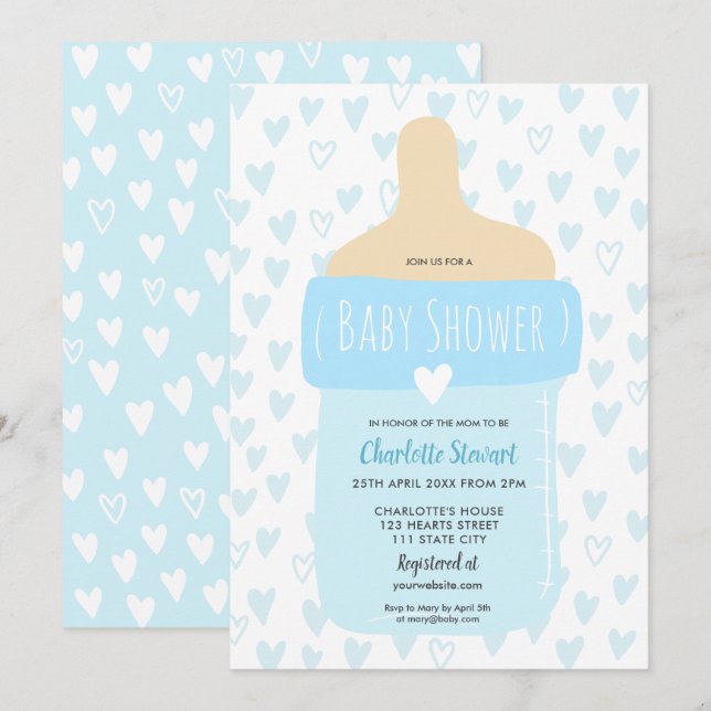 Cute  boy blue hearts baby bottle baby shower invitation (Front/Back)