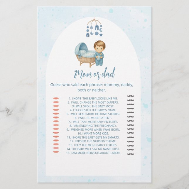 Cute Boy Blue Nursery Baby Shower Guess Who game (Front)