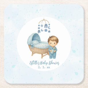 Cute Boy Blue Nursery Baby Shower Square Paper Coaster