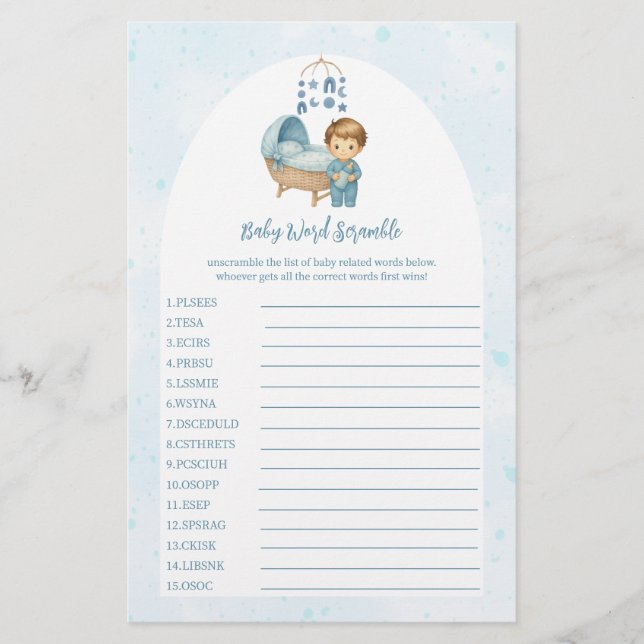 Cute Boy Blue Nursery Baby Shower Word Scramble  (Front)