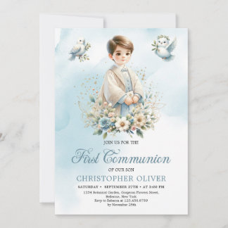 Cute boy blue white flowers doves First Communion Invitation