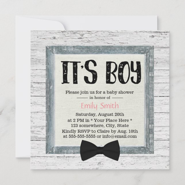 Cute Boy Bow Tie Rustic Wood Baby Shower Invitation (Front)