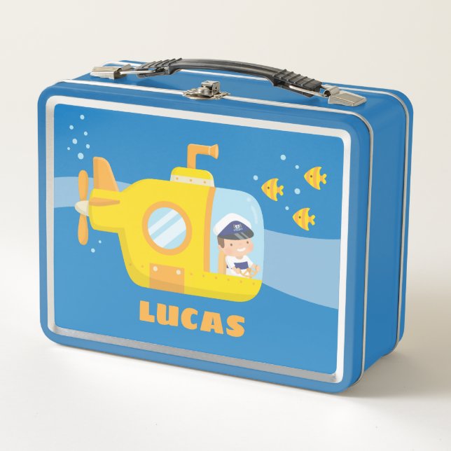 Cute Boy Captain In Yellow Submarine Kids  Metal Lunch Box (Front)