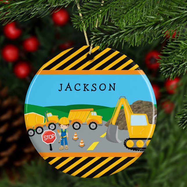 Cute Boy Construction Vehicle Kids Christmas Ceramic Tree Decoration (Creator Uploaded)