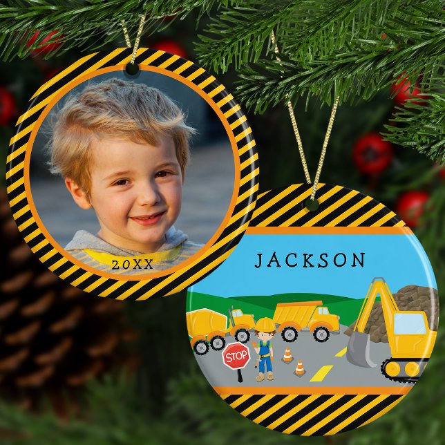 Cute Boy Construction Vehicle Kids Photo Christmas Ceramic Tree Decoration (Creator Uploaded)