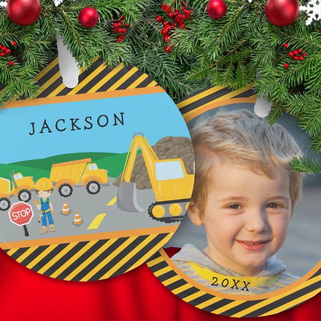 Cute Boy Construction Vehicle Kids Photo Christmas Ornament (Creator Uploaded)