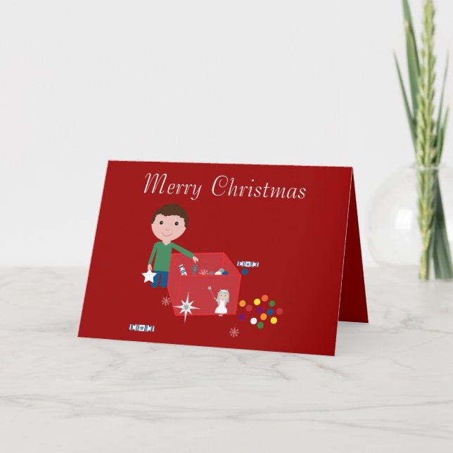 Cute Boy & Decoration Box Red Christmas Card (Front)