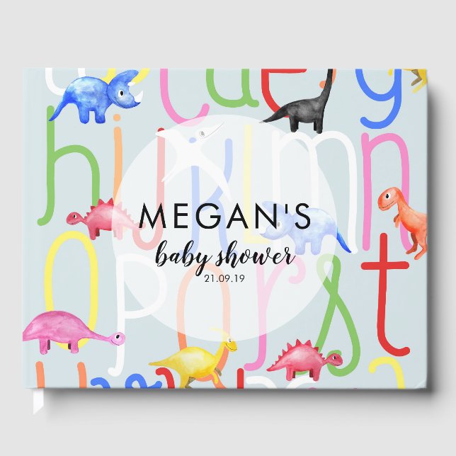 Cute Boy Dinosaur ABC Alphabet Baby Shower Guest Book (Front)