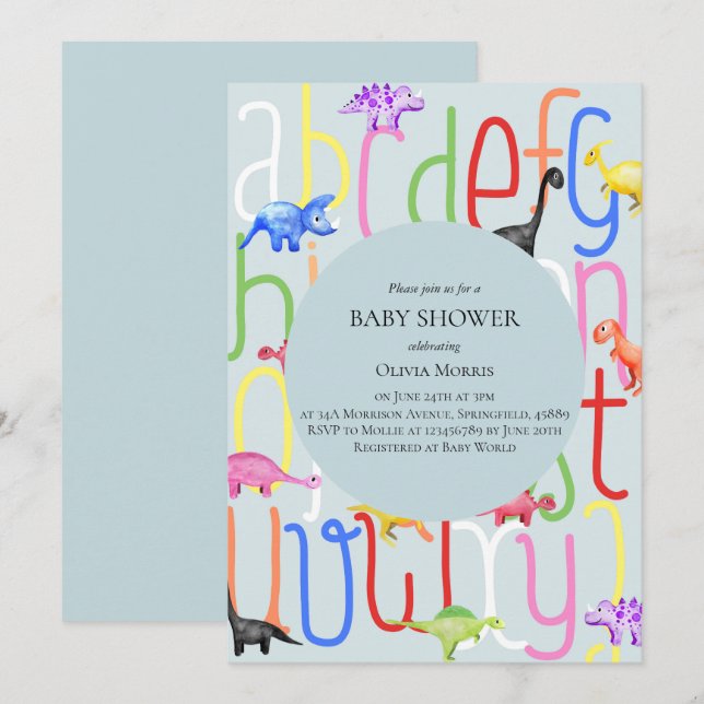Cute Boy Dinosaur and Alphabet Baby Shower Invitation (Front/Back)