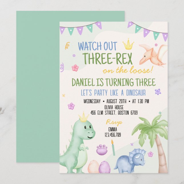 Cute Boy Dinosaur Birthday Party Invitation (Front/Back)