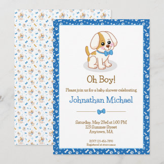 Cute Boy Dog Blue Bow Tie Personalised Baby Shower Invitation