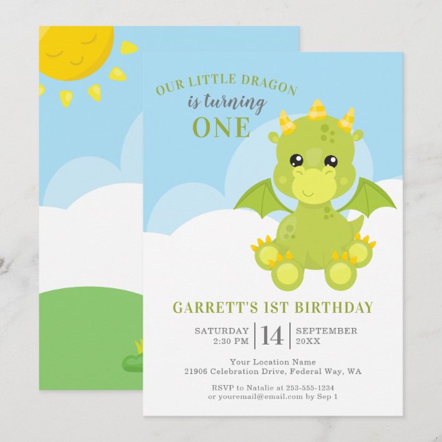 Cute Boy Dragon 1st Birthday Invitation (Front/Back)