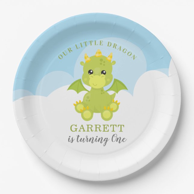 Cute Boy Dragon 1st Birthday Paper Plate (Front)
