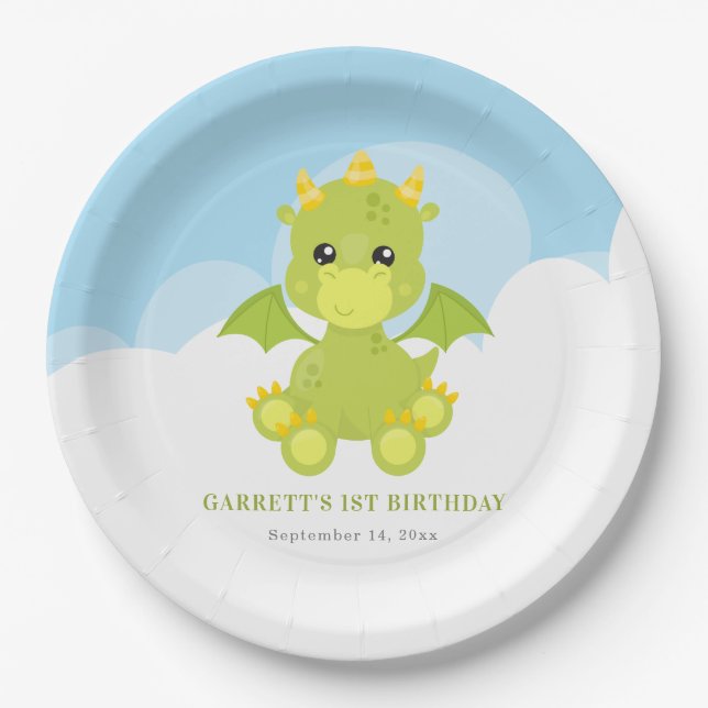 Cute Boy Dragon 1st Birthday Paper Plate (Front)