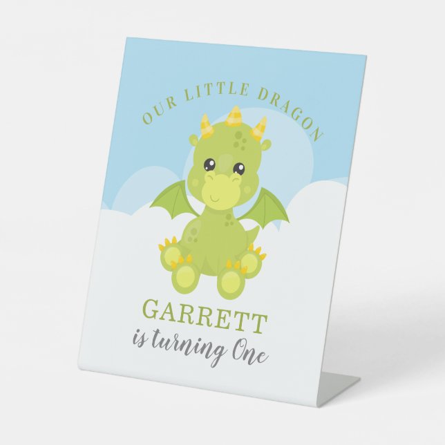 Cute Boy Dragon 1st Birthday Pedestal Sign (Front)