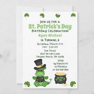 Cute Boy Dragon St. Patrick's Day Birthday Invitation