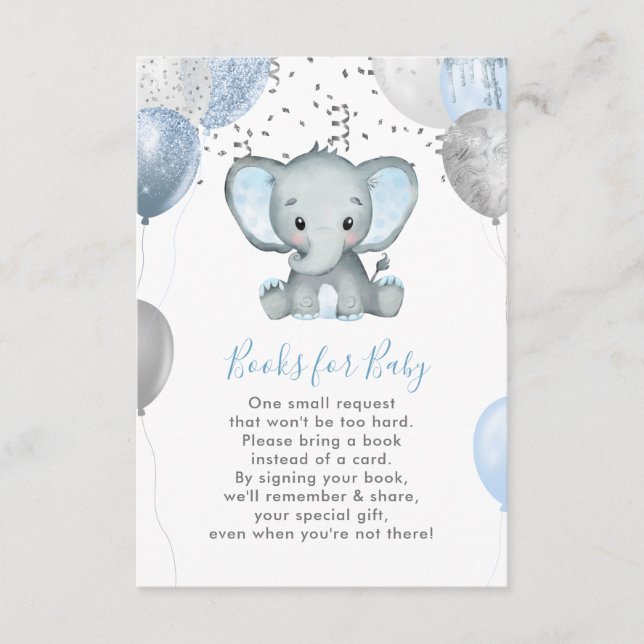 Cute Boy Elephant Balloons Books for Baby Shower Enclosure Card (Front)