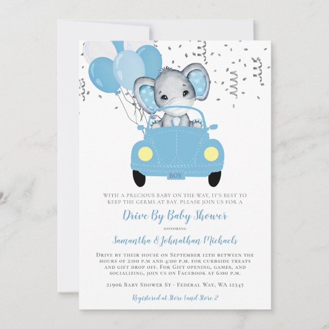 Cute Boy Elephant Balloons Drive By Baby Shower In Invitation (Front)