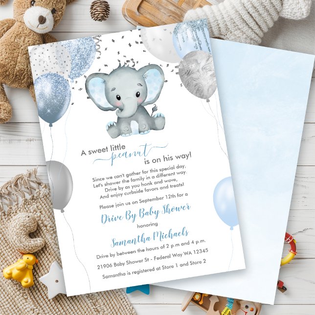 Cute Boy Elephant Balloons Drive By Baby Shower Invitation (Cute Boy Elephant Balloons Drive By Baby Shower Invitation)