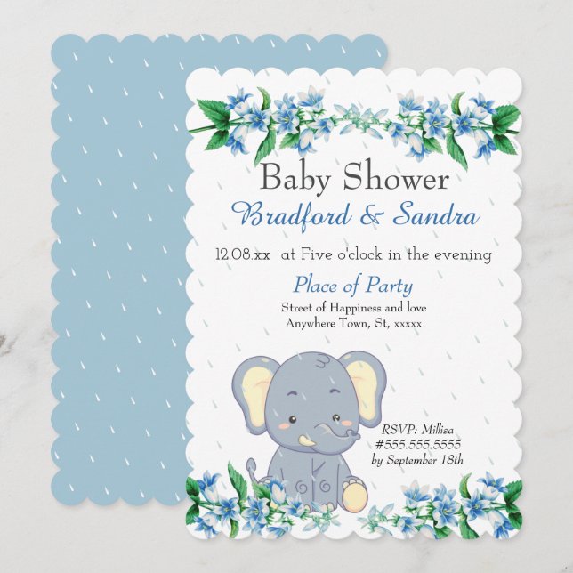  Cute Boy Elephant Blue Floral Baby Shower Invitation (Front/Back)