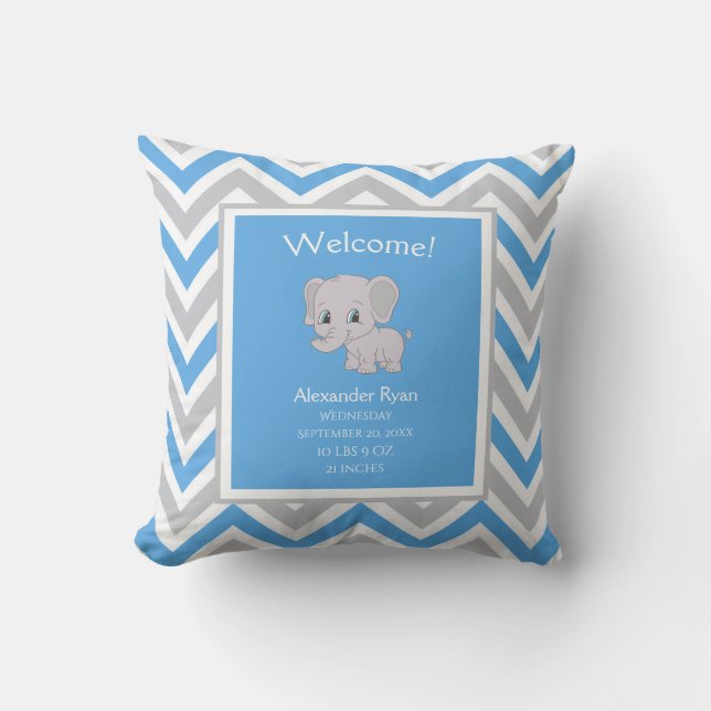 Cute Boy Elephant Chevron Birth Stats Blue Grey Cushion (Front)
