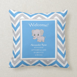 Cute Boy Elephant Chevron Birth Stats Blue Grey Cushion