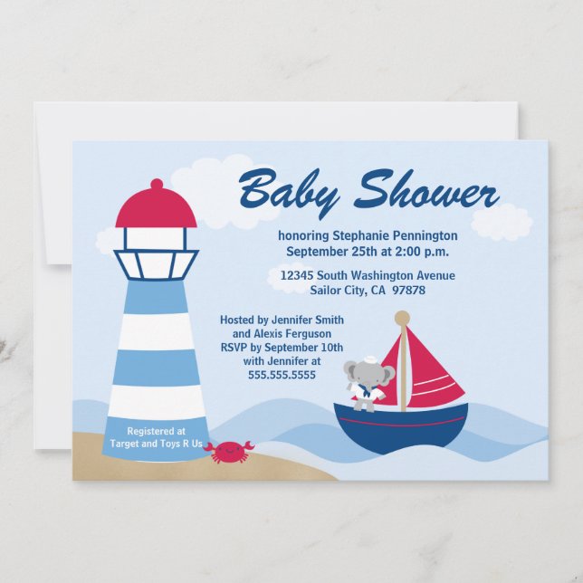 Cute boy elephant sailor baby shower invitation (Front)