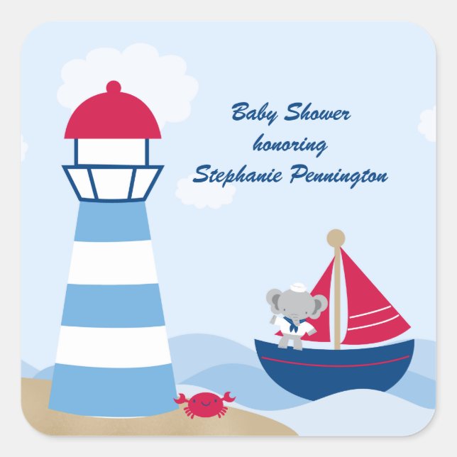 Cute boy elephant sailor baby shower stickers (Front)