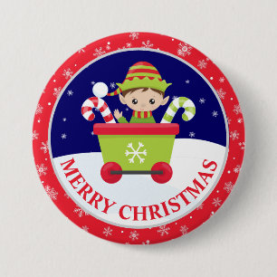 Cute Boy Elf in train and Snowy Scene Christmas 7.5 Cm Round Badge