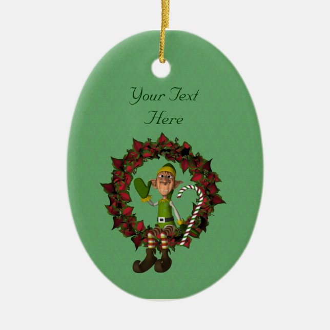 Cute Boy Elf Poinsettia Wreath Holiday Ornament (Front)