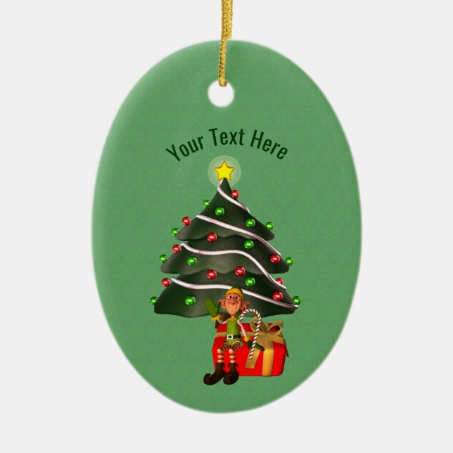 Cute Boy Elf Tree Holiday Personalised Ceramic Tree Decoration (Front)
