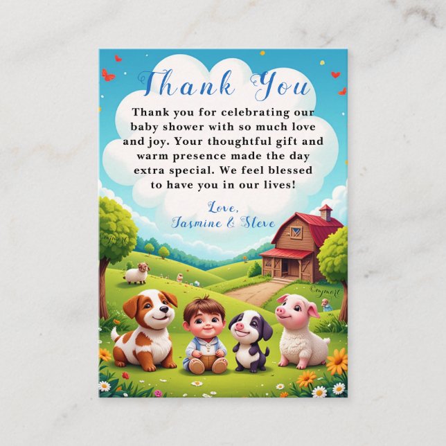 Cute Boy Farm Animals Baby Shower Thank You  Enclosure Card (Front)