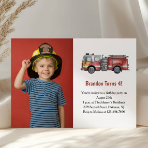 Cute Boy Firefighter Photo Kids 4th Birthday Party Invitation