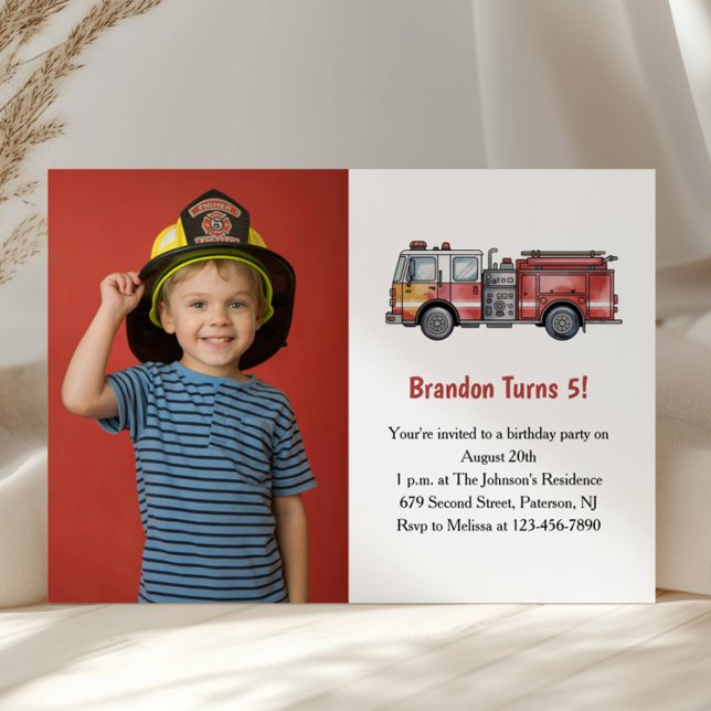 Cute Boy Firefighter Photo Kids 5th Birthday Party Invitation (Creator Uploaded)