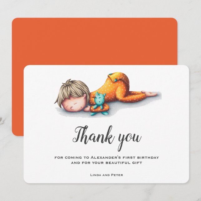 Cute Boy First Birthday Thank You Card (Front/Back)