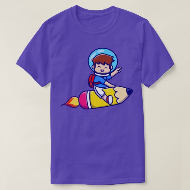 Cute Boy Flying With Pencil Rocket T-Shirt (Design Front)