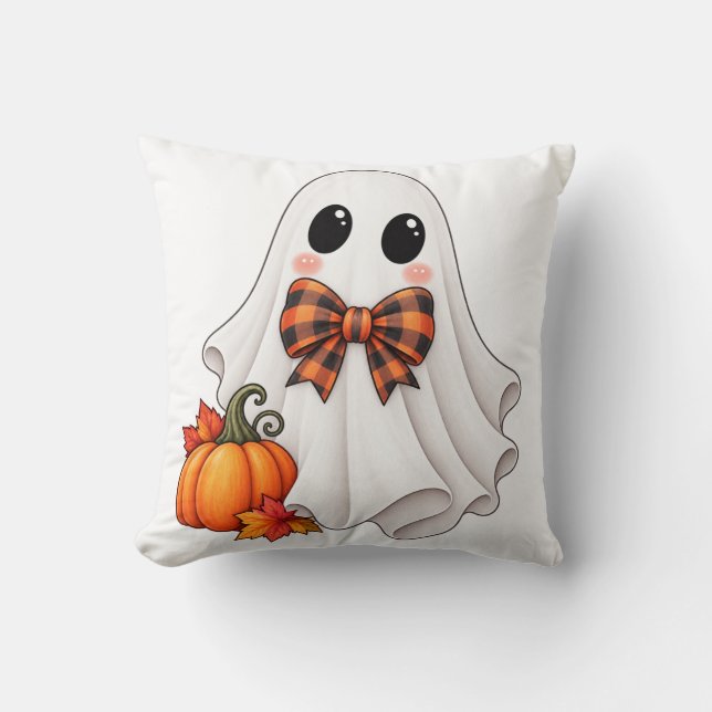 Cute Boy Ghost and Pumpkin Halloween Throw Pillow (Front)