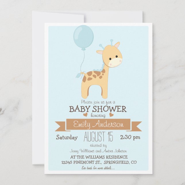 Cute Boy Giraffe, Jungle Zoo Animal Baby Shower Invitation (Front)