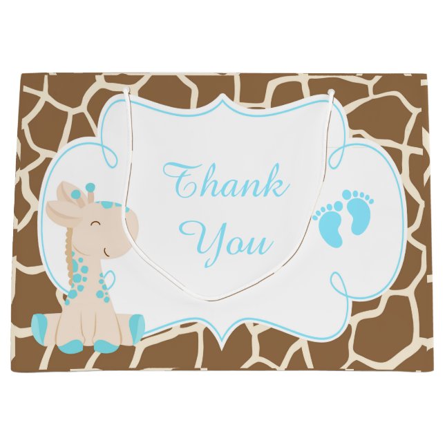 Cute Boy Giraffes Baby Shower Thank You Large Gift Bag (Front)