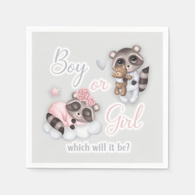 Cute Boy Girl Baby Raccoons Gender Reveal Napkin (Front)