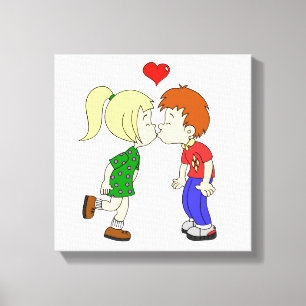Cute boy girl kiss cartoon kids canvas print
